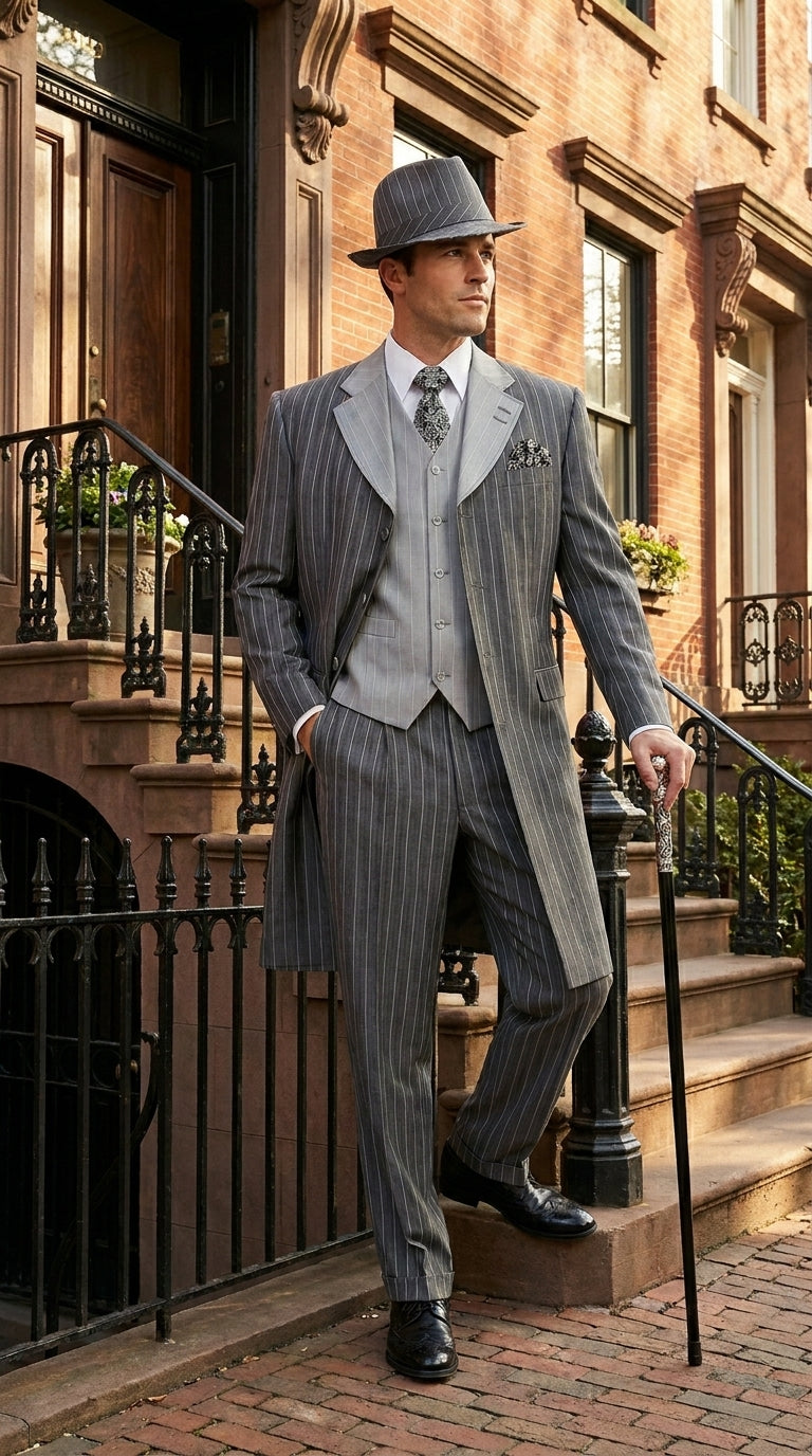 Men’s Grey Pinstripe Zoot Suit 3 Piece – 1920s Gangster Vintage Wide Lapel Suit with Vest for Wedding, Party - 34 Short or Extra Small