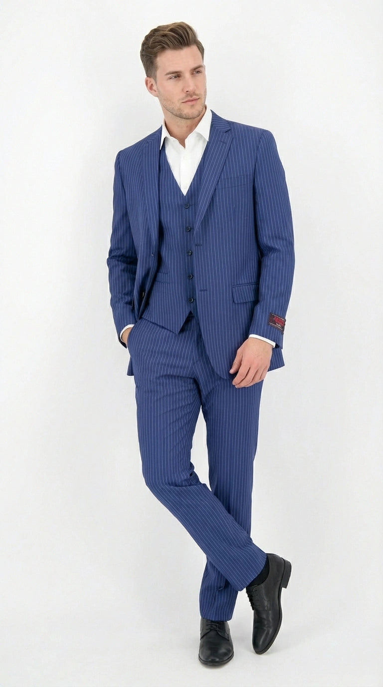 Men’s Royal Blue Pinstripe Three Piece Suit – Classic Formal 3PC Business and Wedding Suit Indigo Teal Saphire Pinstripe - 34 Short or Extra Small