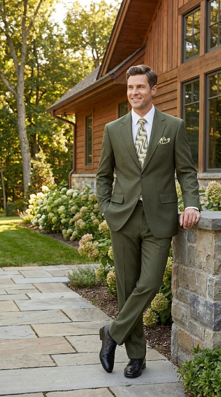 Men’s Olive Green Tuxedo With Trim Collar – Formal Wedding, Prom Suit Modern Fit - 36 Regular Jacket+30 Waist Adjustable 26to32)Height: 5'7"-6')(Neck: 14.5-16:S)