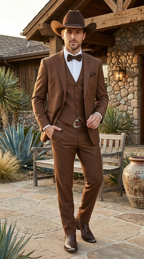 Men’s Light Brown Western Tuxedo 3 Piece Suit with Black  Collar Lapel, Country Look Cowboy Suit