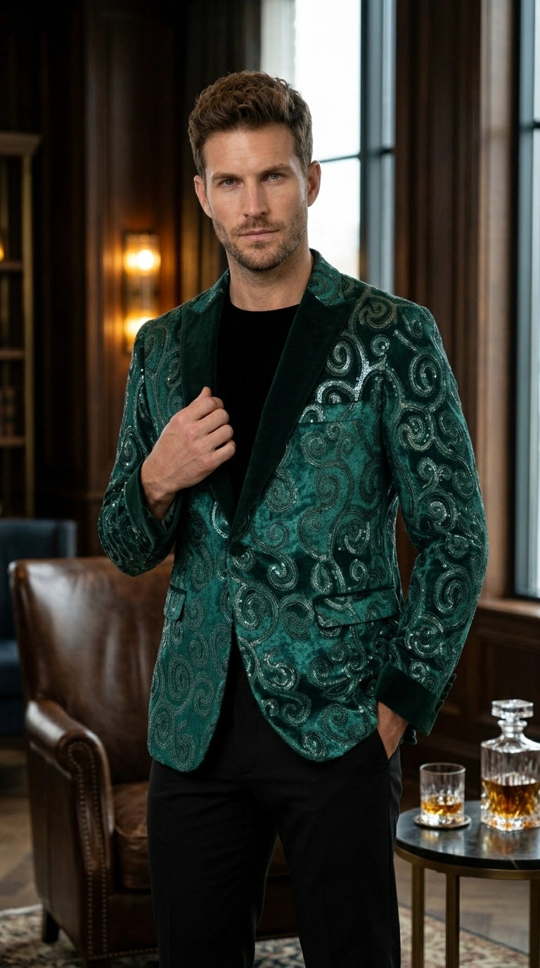 Men’s Emerald Green Paisley Tuxedo Dinner Jacket with Black Lapel, Formal Prom Wedding Party Blazer - 34 Short or Extra Small