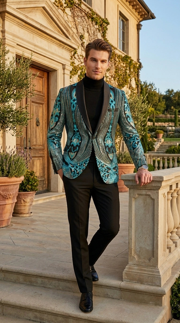 Men’s Black and Turquoise Blue With teal green Sequin Dinner Jacket, Formal Prom Wedding Paisley Floral Mardi Gra Pattern - 36 Short