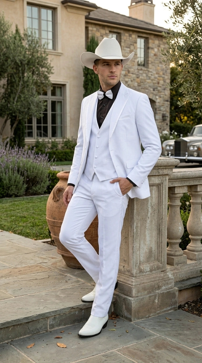 Men’s White Western Cowboy 3 Piece Tuxedo Suit, Formal Wedding Prom Groom Suit Set - 34 Short or Extra Small