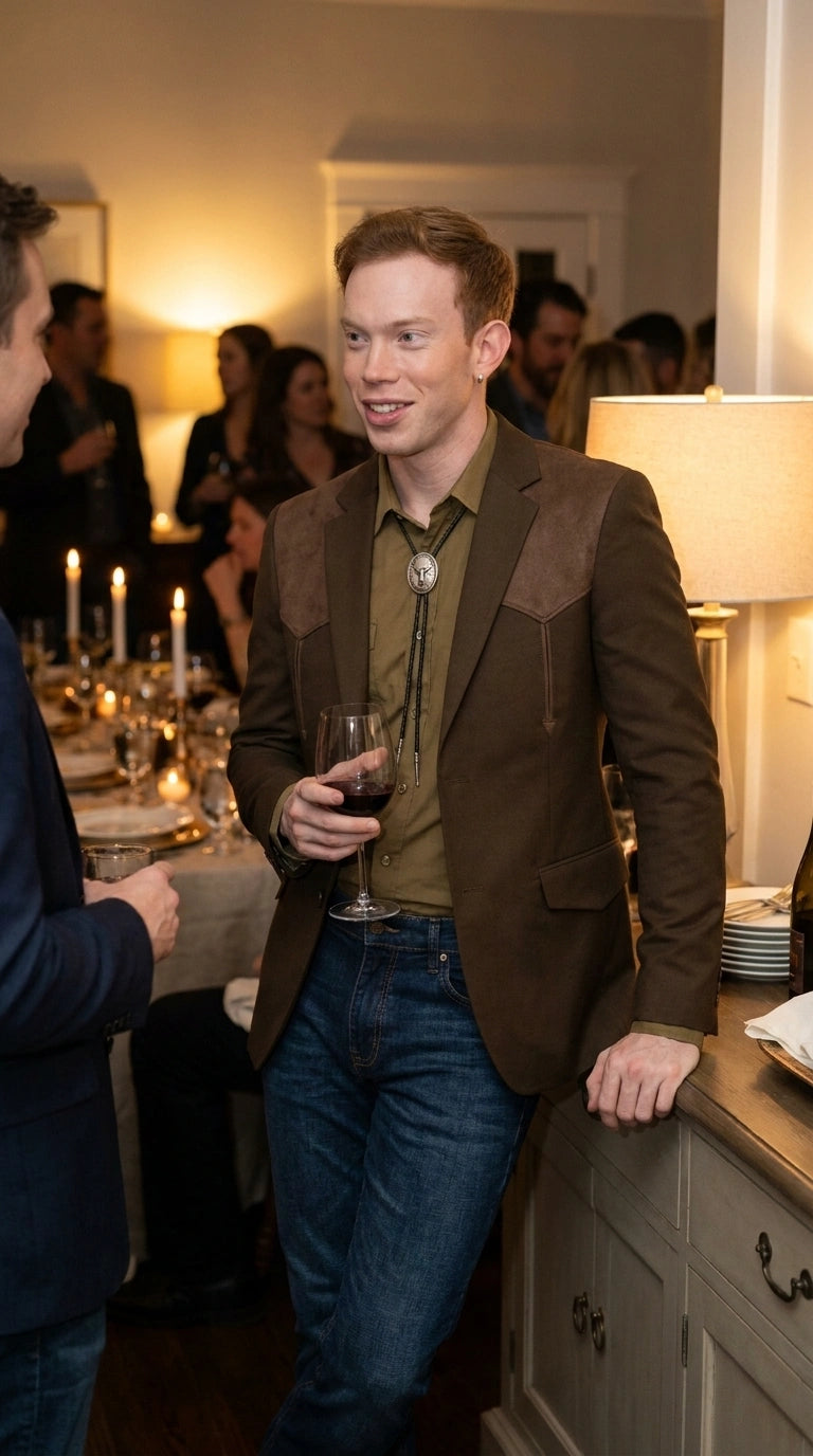 Men’s Dark Brown Western Blazer with Suede Yokes, Cowboy Sport Coat for Ranch Wedding and Country Events - 36 Short