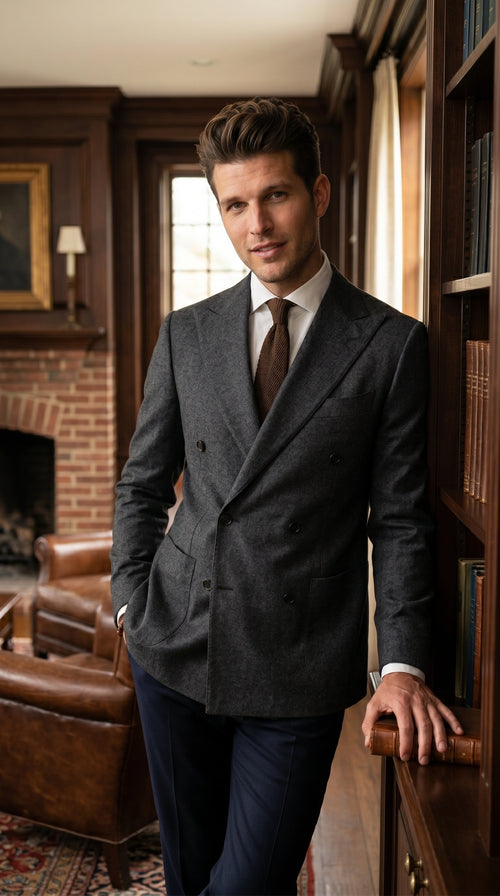 Men’s Charcoal Double Breasted Blazer, Formal Wedding Business Casual Sport Coat Jacket Wool Fabric