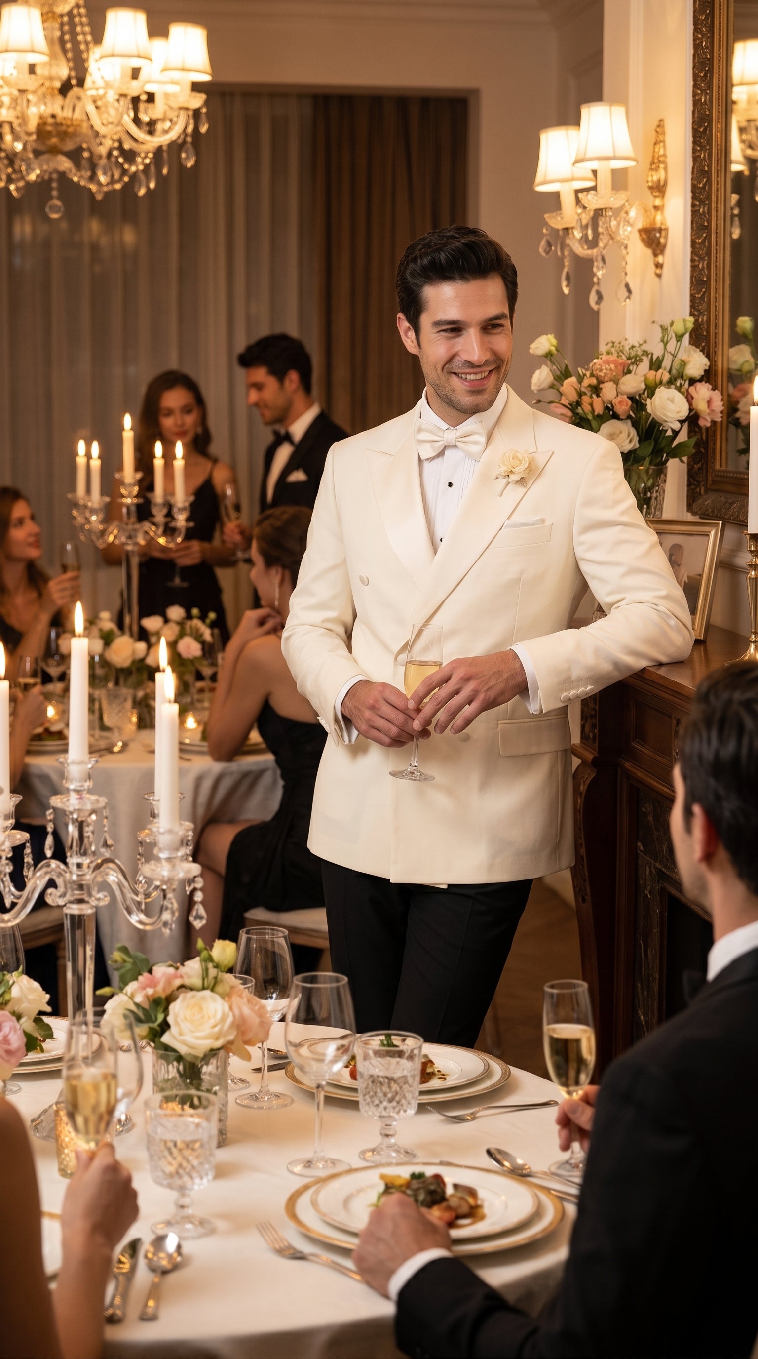 Men’s Ivory Double Breasted Dinner Jacket, Peak Lapel Formal Wedding Prom Tuxedo Blazer in cream off white color - 36 Short