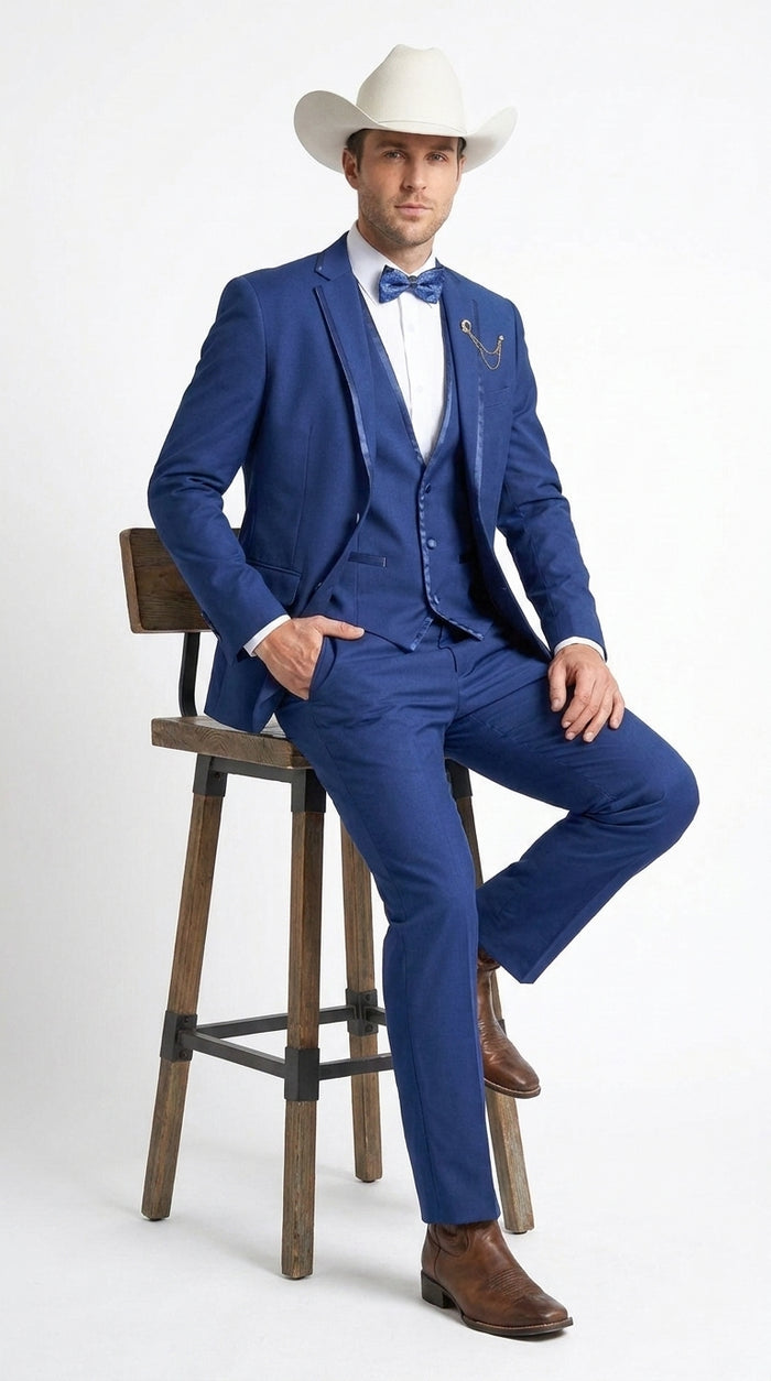 Men’s Blue Western Tuxedo Suit, 3 Piece Cowboy Formal Wedding Prom Suit with Satin Trim