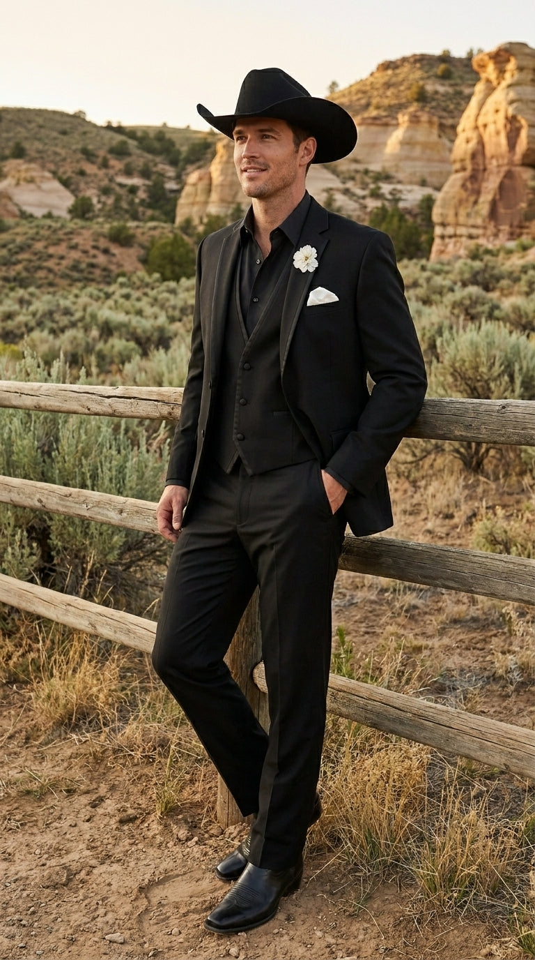Men’s Black Western Tuxedo Suit, 3 Piece Cowboy Formal Wedding Prom Suit with Satin Trim - 34 Short or Extra Small