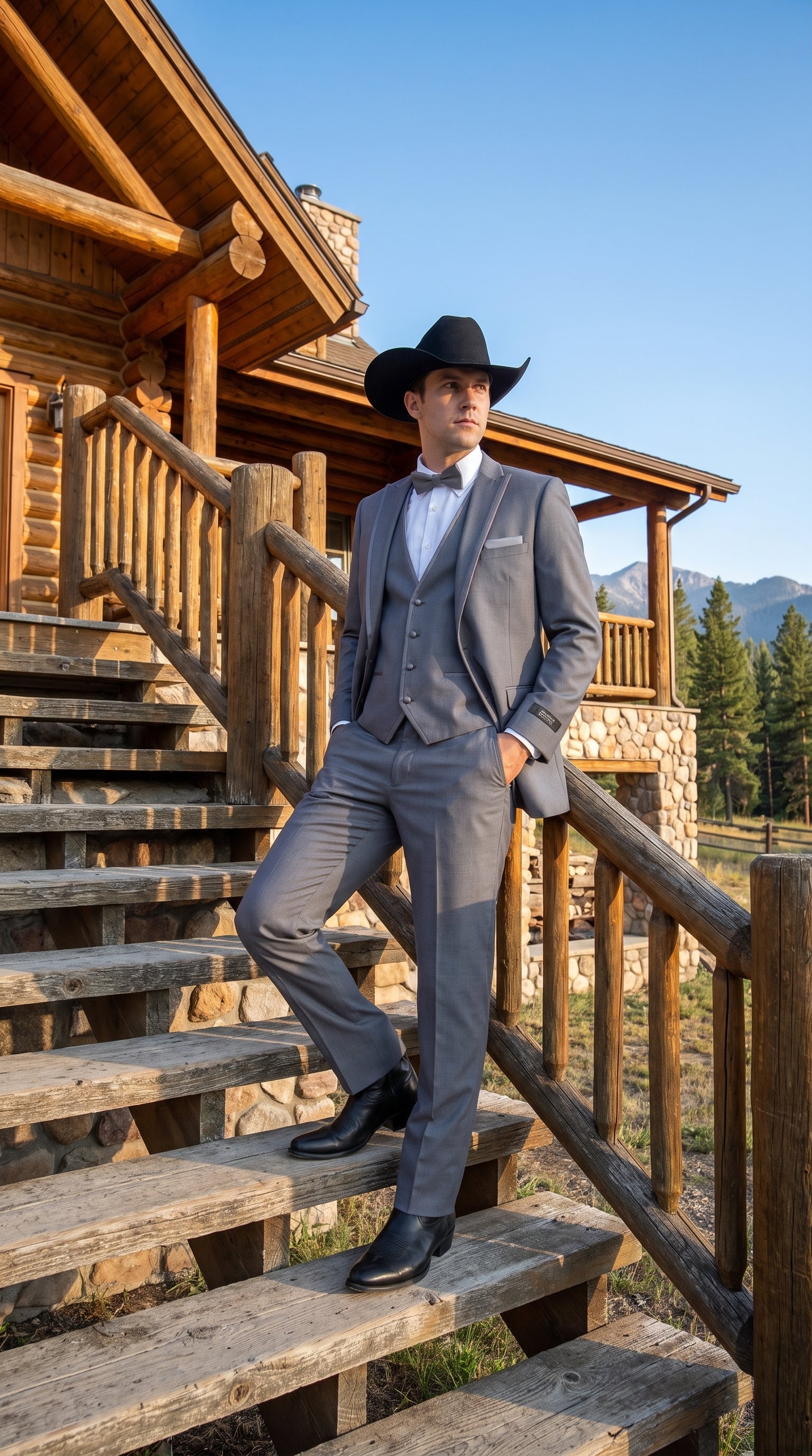 Men's Medium Grey Western 3-Piece Tuxedo Suit with Vest – Cowboy Style Formal Country Outfit - 34 Short or Extra Small