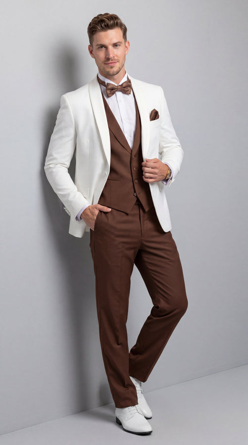 Men’s Ivory and Brown 3 Piece Suit – Elegant White Blazer with Brown Vest and Trousers for Wedding, Prom and Formal Events in off White Cream + Bowtie