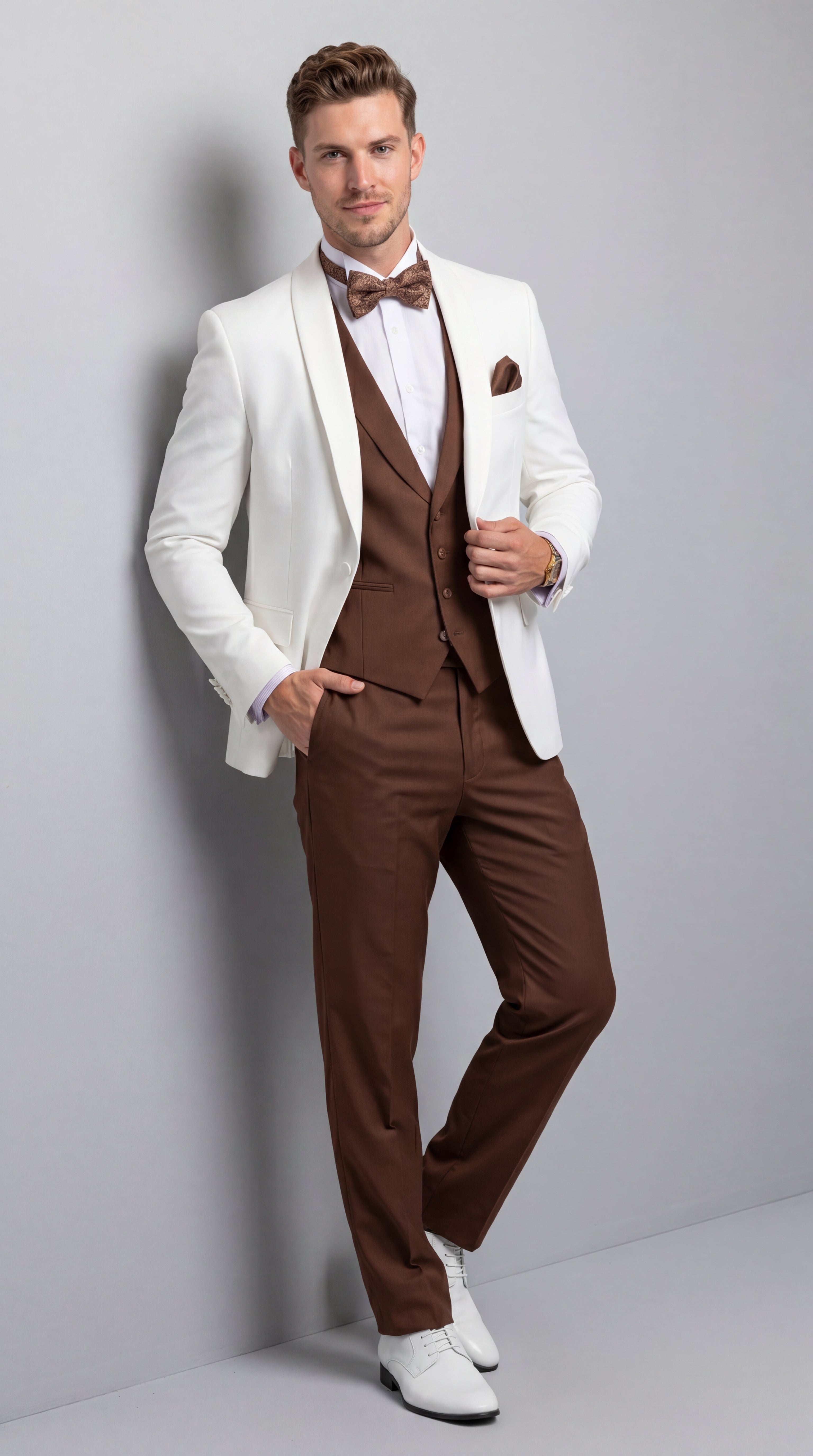 Men’s Ivory and Brown 3 Piece Suit – Elegant White Blazer with Brown Vest and Trousers for Wedding, Prom and Formal Events in off White Cream + Bowtie
