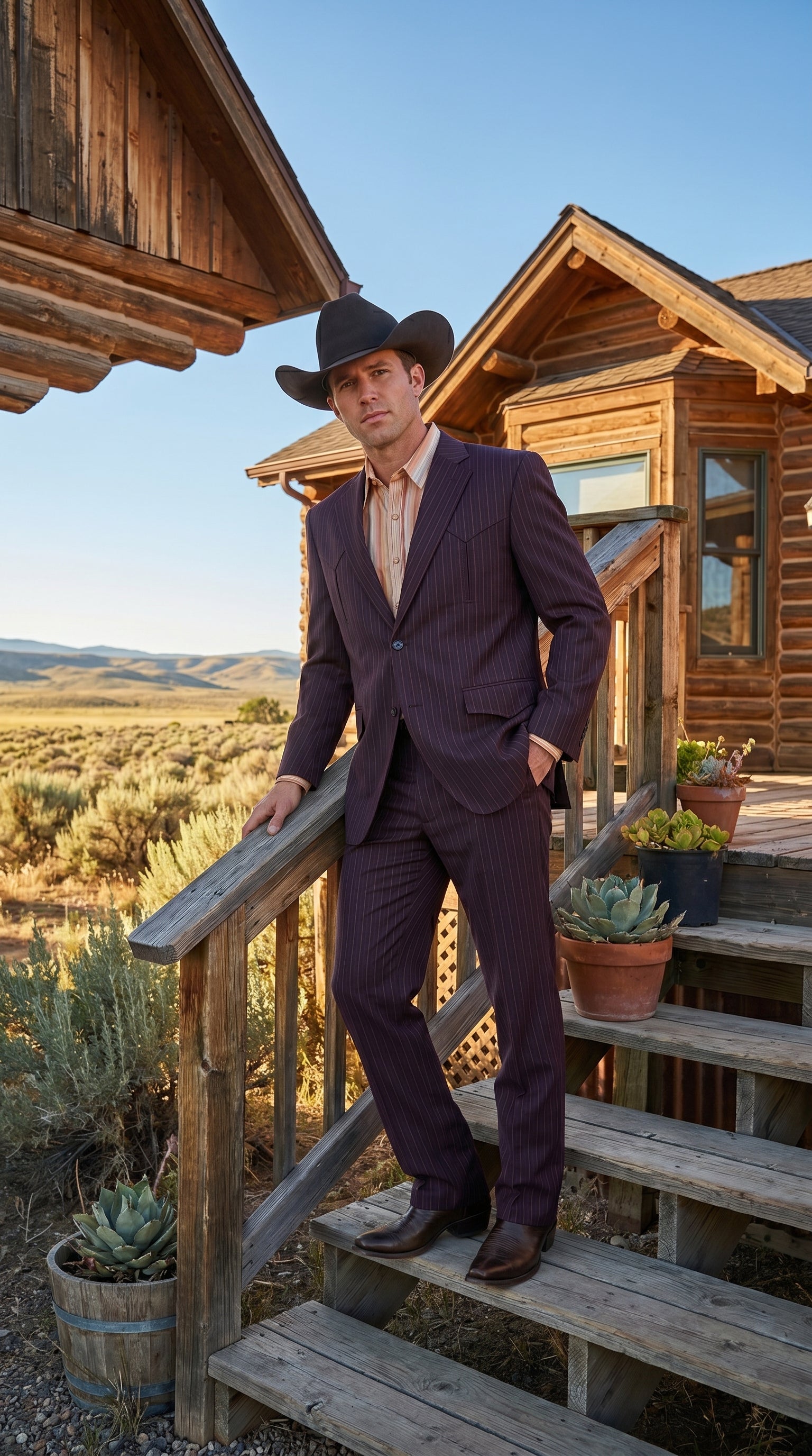 Men’s Brownish Black Pinstripe Western Suit, Cowboy Formal Wedding Ranch Dress Suit Set Slim Fitted - 36R
