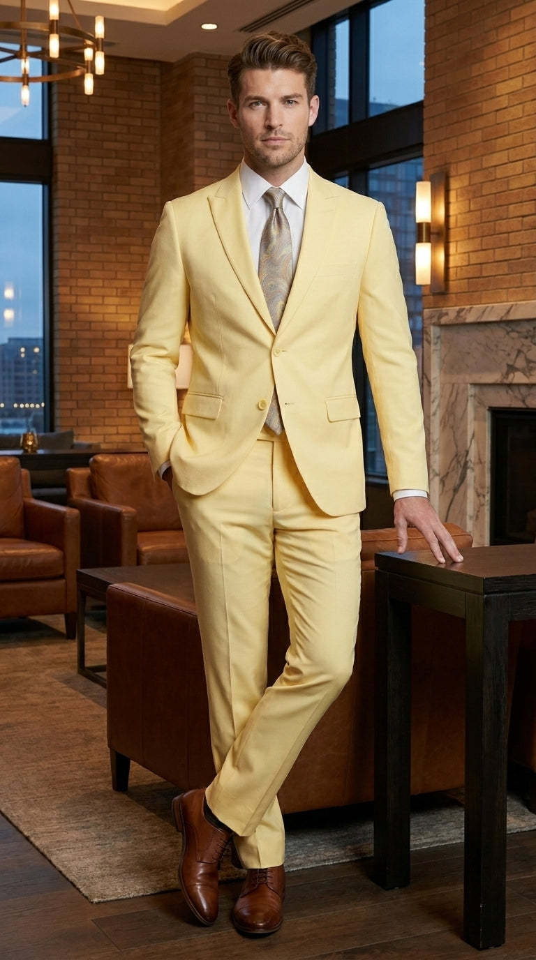 Men’s Pale Yellow 2 Piece Suit, Formal Dress Suit for Weddings, Prom, Parties, Summer Events, and Special Occasions By Vitali - 34 Short or Extra Small