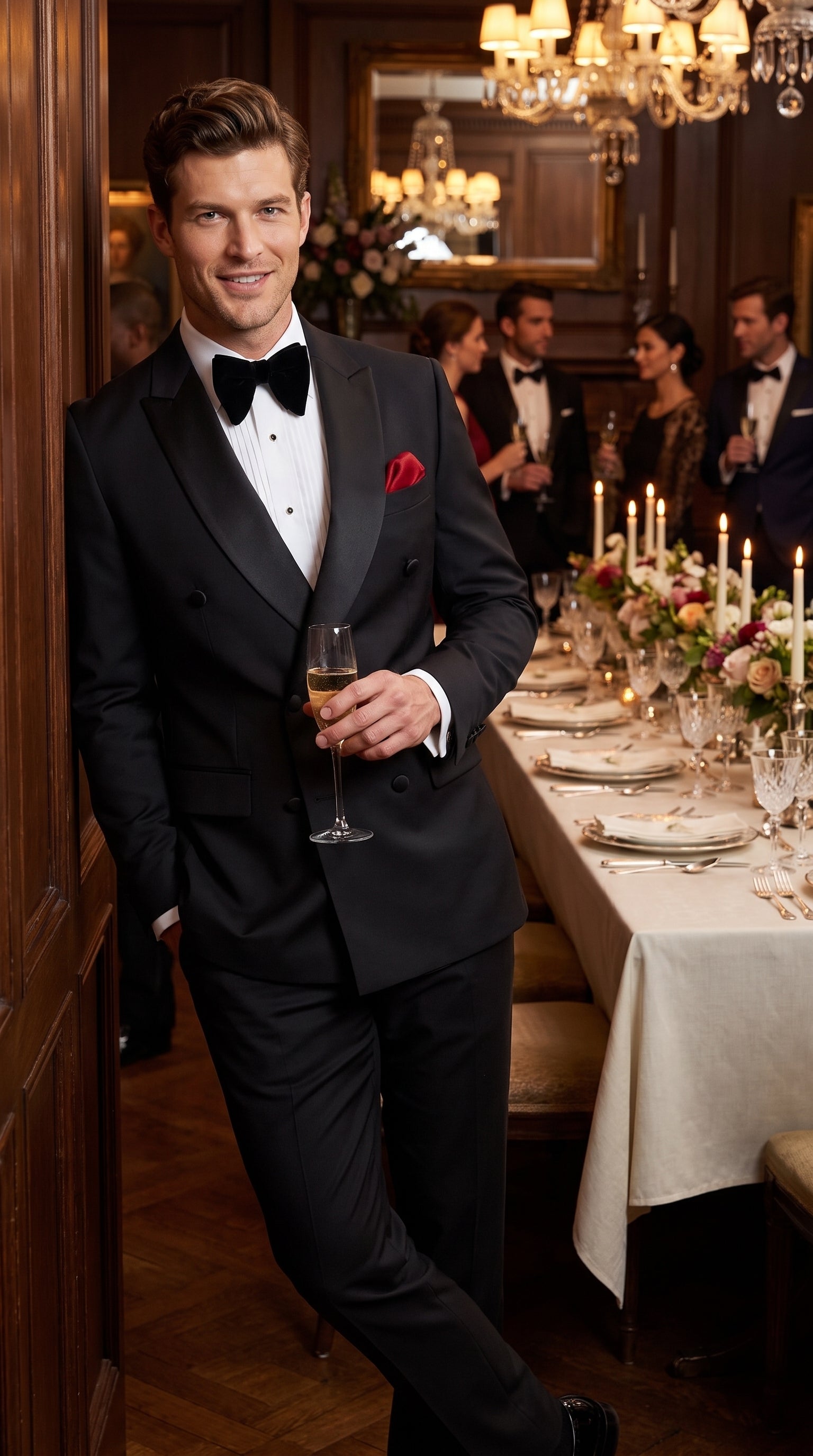 Men’s Black Double Breasted Evening Wear Suit with Satin Shawl Lapel and Red Pocket Square - 34 Short or Extra Small