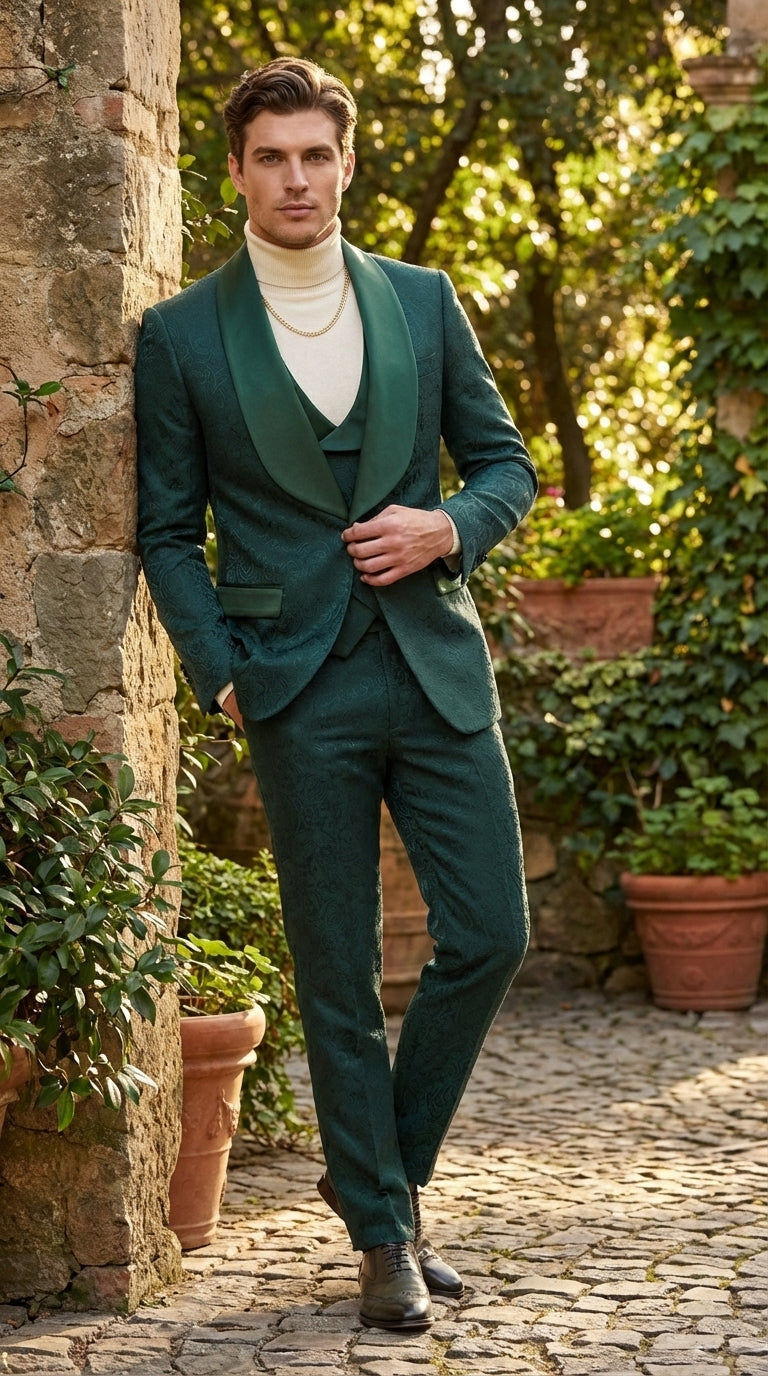 Mens Hunter Green Wedding Tuxedo Suit – Paisley Pattern Three Piece Formal Suit Set with Shawl Lapel for Groom, Prom in Emerald green - 34 Short or Extra Small