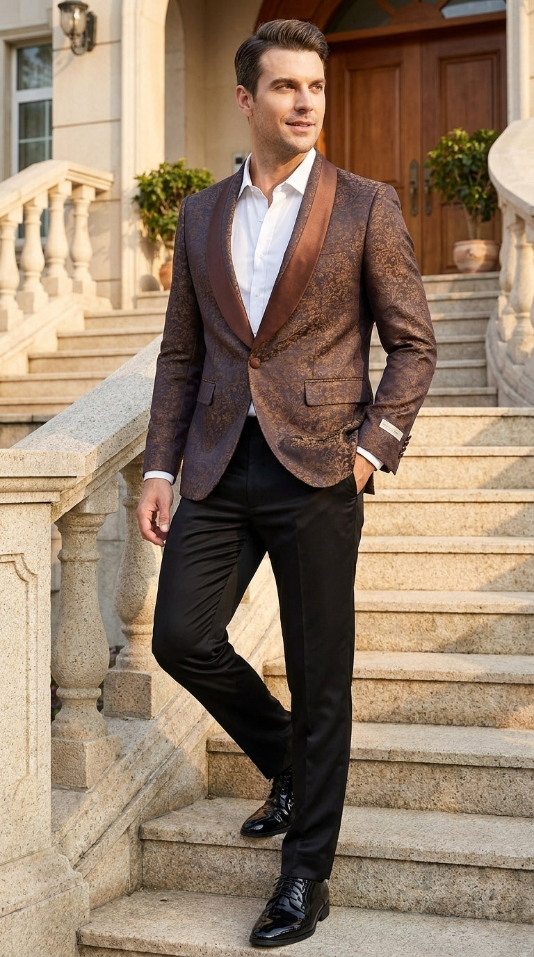 Men’s Light Brown Paisley Tuxedo Jacket, Wedding Prom Dinner Blazer with Satin Shawl Lapel - 36 Short