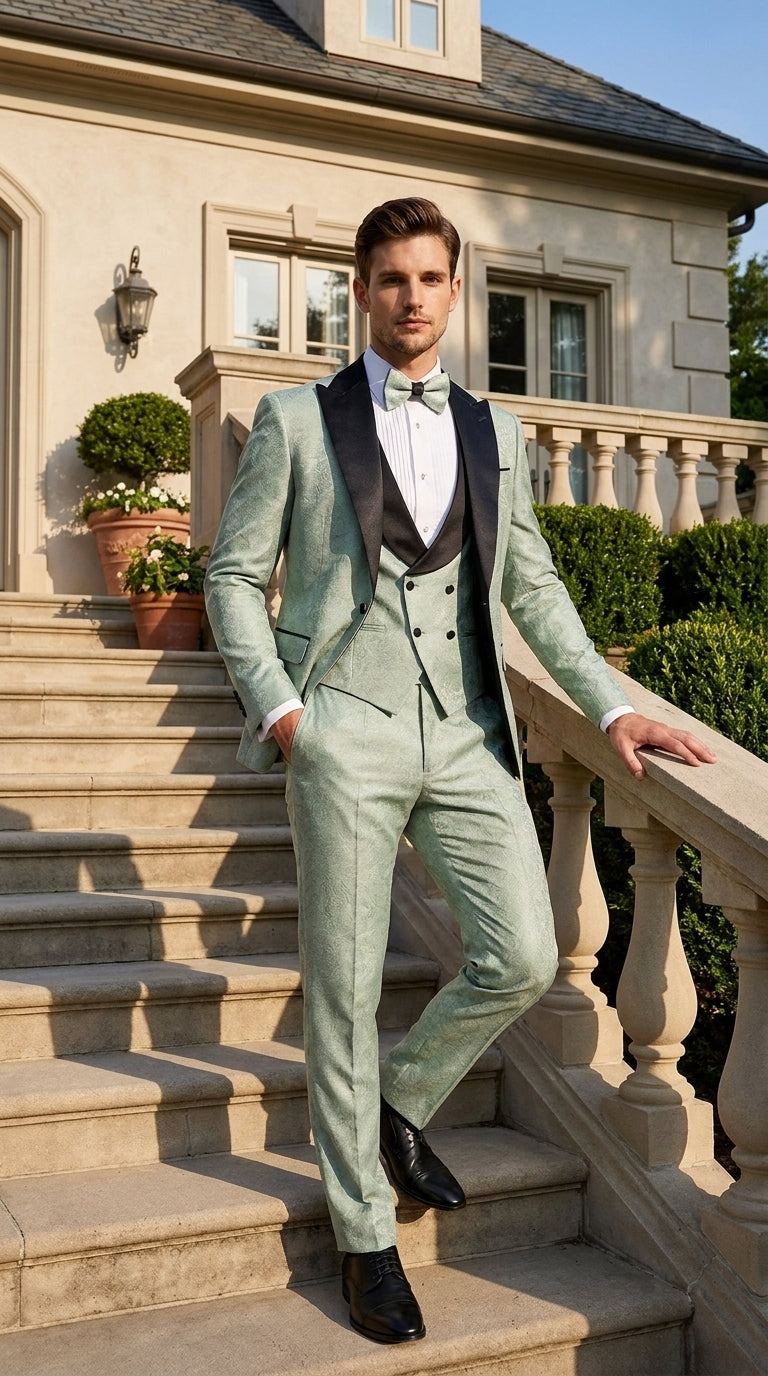 Men’s Sage Green Wedding Tuxedo with Black Shawl Lapel – 3 Piece Groom Prom Suit Mintish Color - 34 Short or Extra Small