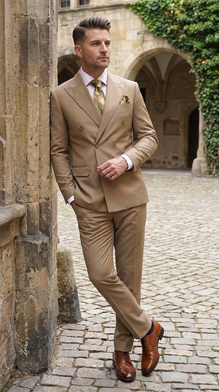 Men’s Statement Brand Caramel Khaki Double Breasted Wool Suit, Designer Formal Business Suit Set Wool Suit in Camel Color - 34 Short or Extra Small