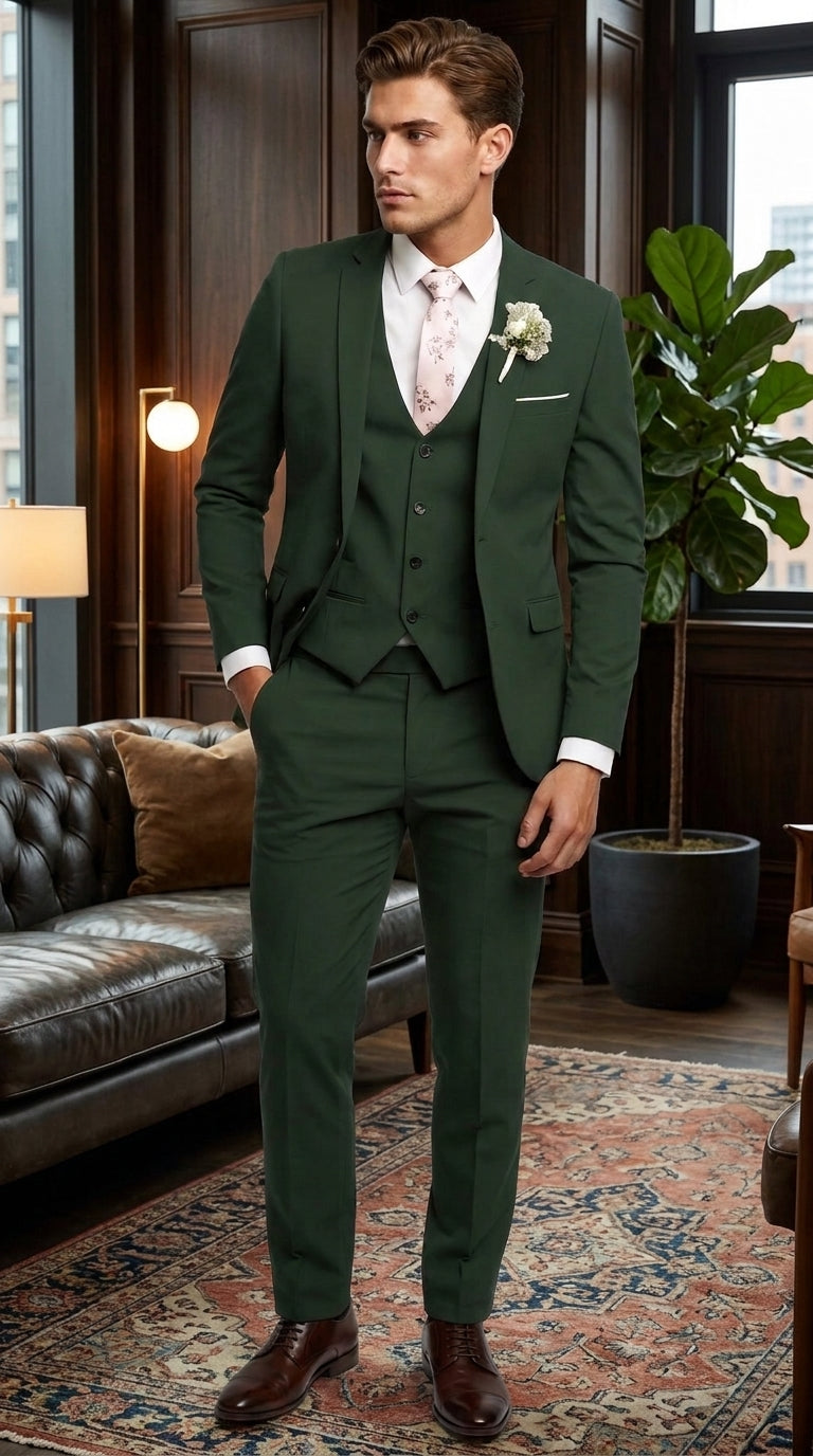 Men’s Forest Green 3 Piece Wedding Suit, Formal Groom Groomsmen Dress Suit Set - 34 Short or Extra Small