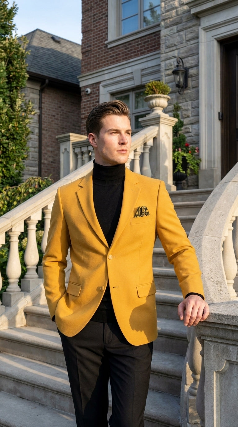 Men’s Mustard Gold Blazer, Fashion Sport Coat Wedding Party Church Dress Jacket - 36 Short