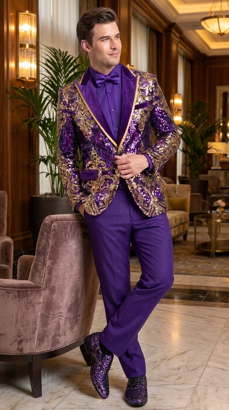 Men’s Purple and Gold Sequin Suit with Pants – Luxury Prom, Wedding and Party Blazer - 34 Short or Extra Small