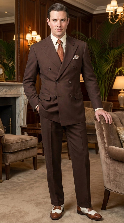 Men’s Brown Vintage Double Breasted Suit, Classic 1940s Style Formal Wedding Business Suit Set