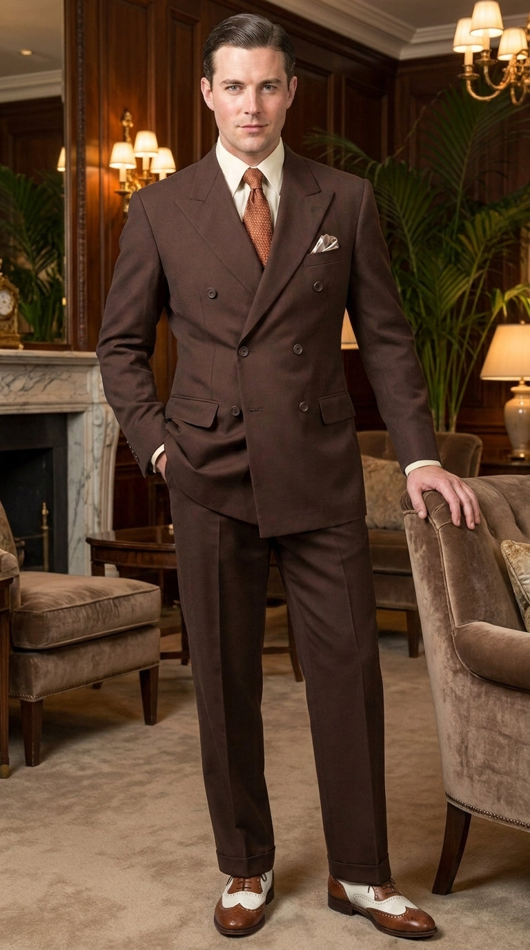 Men’s Brown Vintage Double Breasted Suit, Classic 1940s Style Formal Wedding Business Suit Set - 34 Short or Extra Small