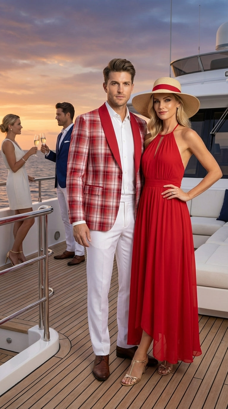 Mens Tartan Red and White Plaid Blazer – Check Pattern Sport Coat Red Shawl Lapel Party Christmas Holiday New Year - 36 Short