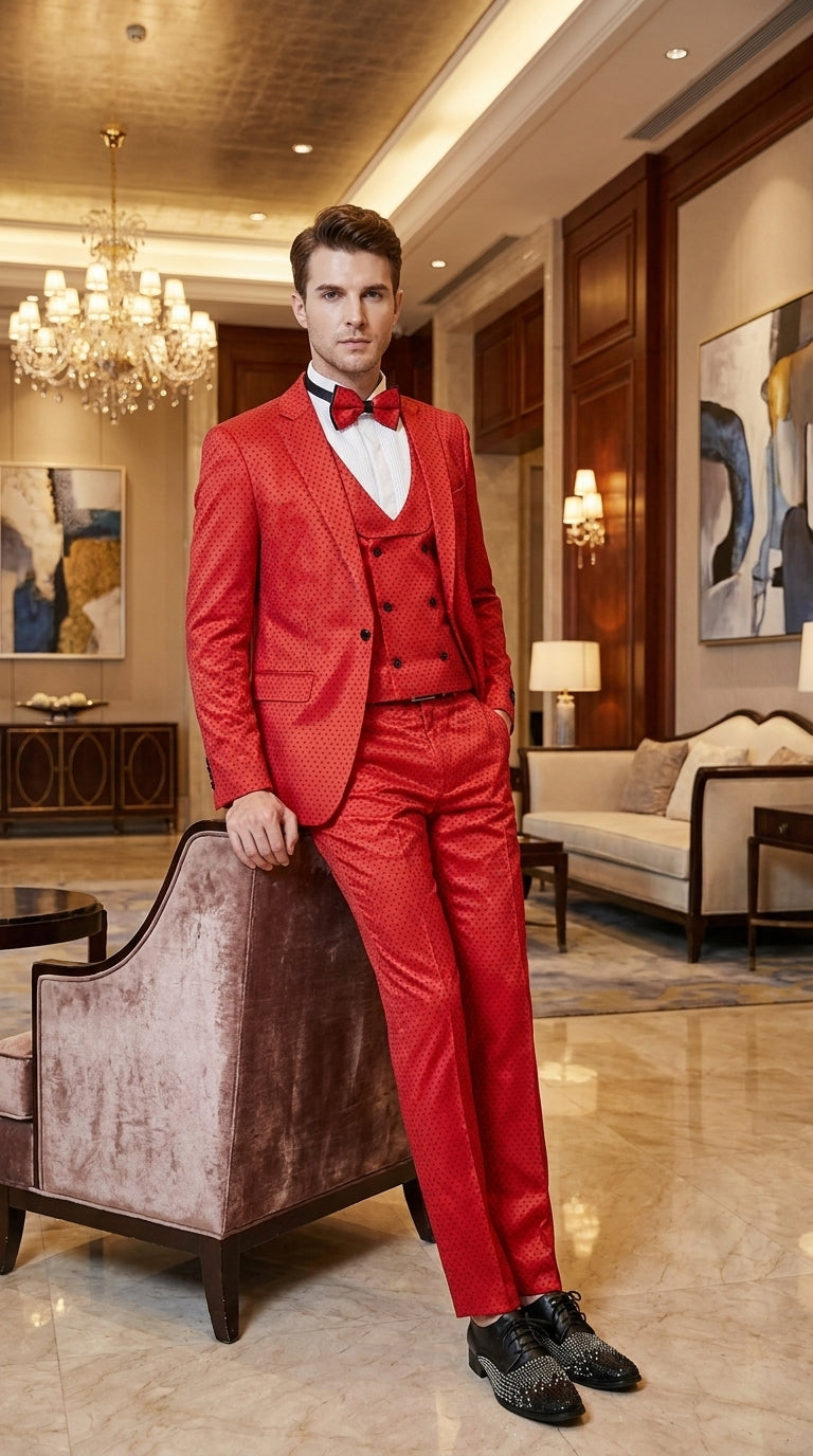 Tazio Men’s Cherry Red and Black  Polka-Dot 3-Piece Suit – Skinny Fit Prom, Wedding and Party Suit or Tuxedo - 34 Short or Extra Small