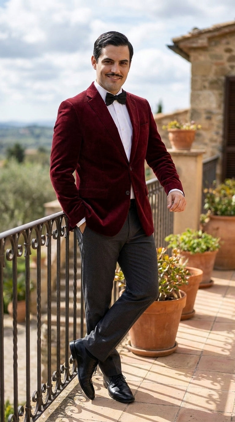 Men’s Gomez Addams Inspired Costume, Burgundy Velvet Blazer with Black Pants Formal Party Outfit Combo - 36 Short