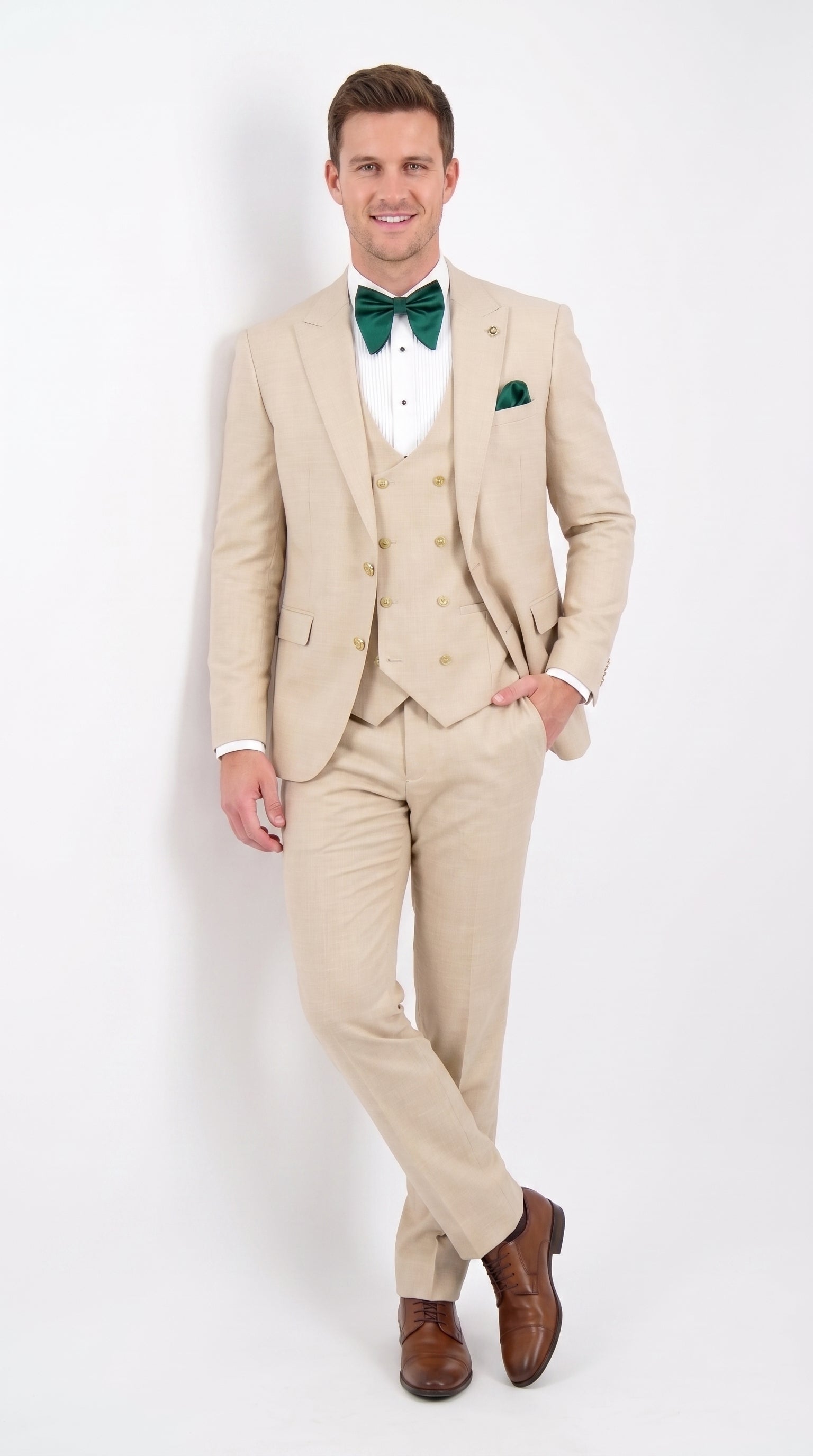 Men’s Khaki Tan 3-Piece Groomsmen Suit – Wedding Suit with Double-Breasted Vest and Pants Great Gatsby Style Gold buttons - 34 Short or Extra Small