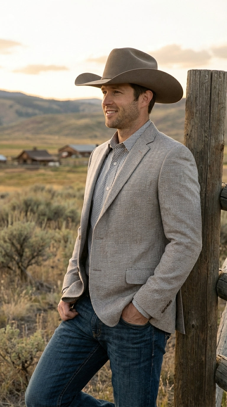 Mens Textured  Light Grey Western Blazer – Cowboy Style Casual Sport Coat for Men Classic Western Jacket - 36 Short
