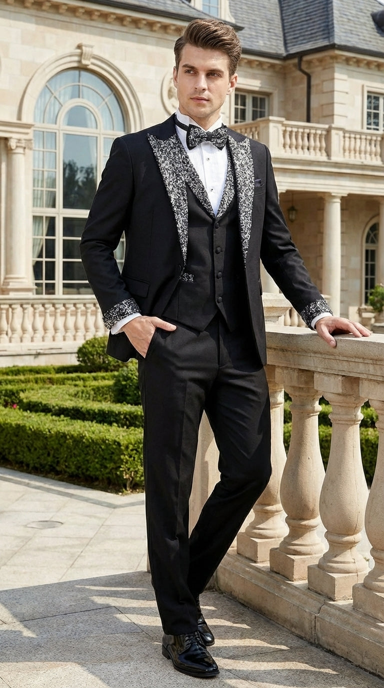 Mens Black and White Lapel Tuxedo Suit – Black Formal Tuxedo with White Pattern Lapel for Wedding, Prom and Evening Events - 34 Short or Extra Small