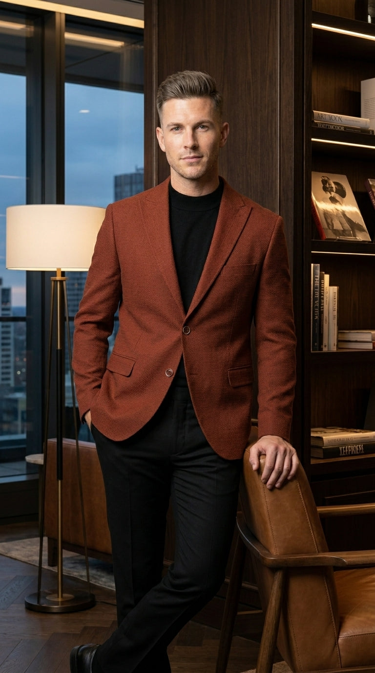 Men’s Rustic Brown Textured Blazer with Notched Lapel, Formal Dress Jacket for Weddings, Parties, Business Look - 36 Short