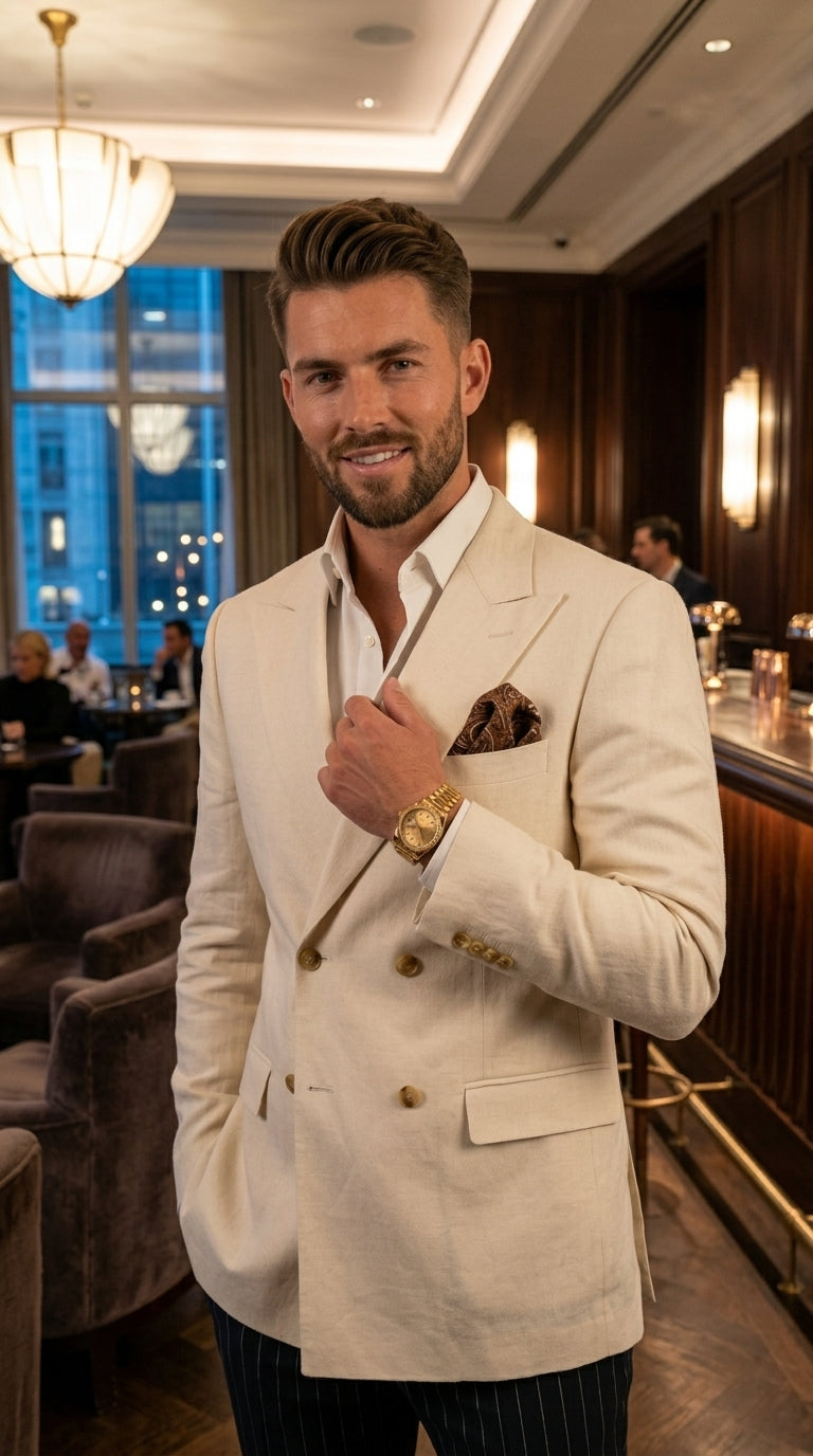 Men’s Ivory Linen Double Breasted Blazer, Lightweight Wedding Dinner Sport Coat Jacket Cream Off White - 36 Short