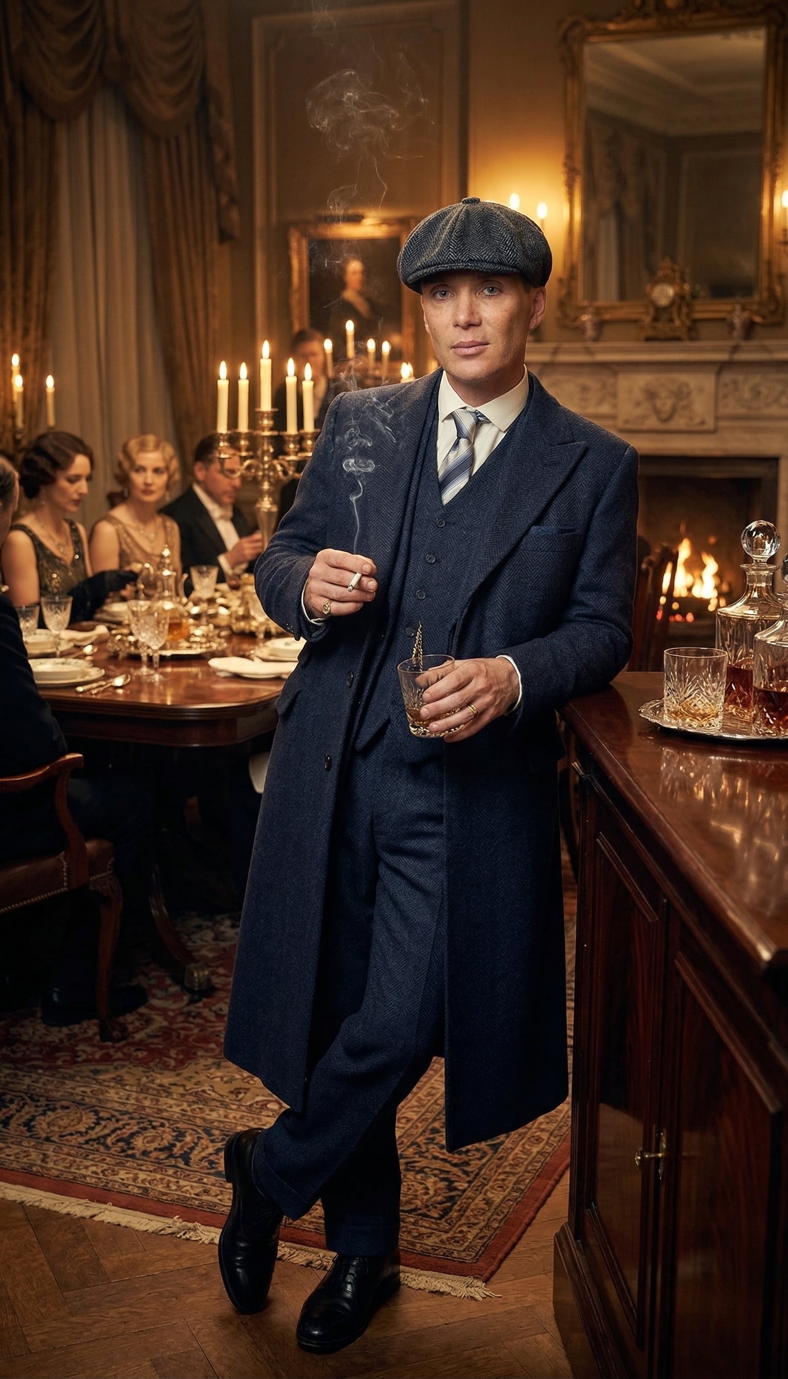 Men’s Navy Blue Herringbone Tweed  1920s 3 Piece Suit with Overcoat – Vintage Peaky Blinder Style Formal Suit Set with Blazer, Waistcoat + Overcoat + Hat - Navy Blue