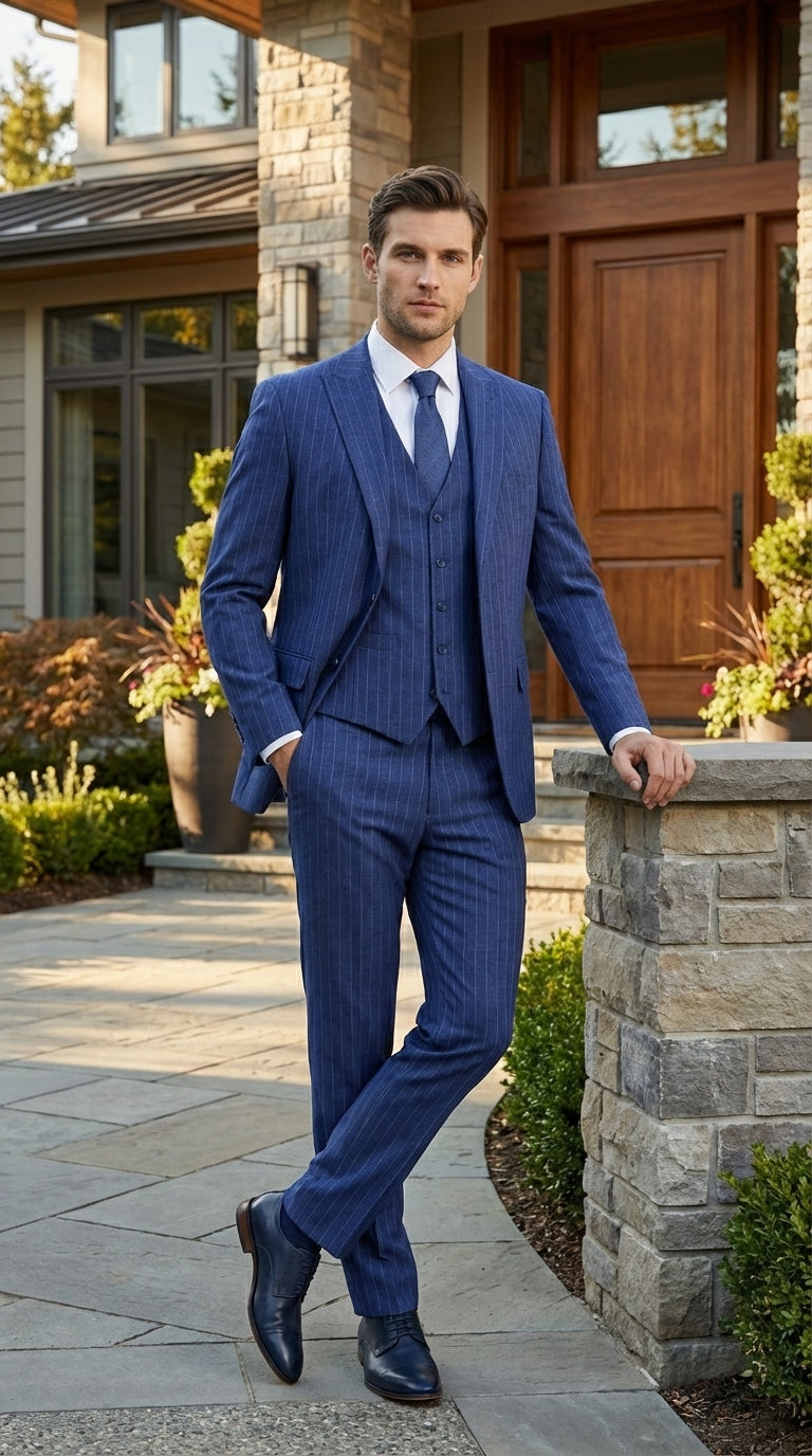 Men’s Cobalt Blue 3 Piece Suit – Indigo Light Blue Pinstripe Formal Suit with Vest for Wedding, Business Modern Fit Two buttons - 34 Short or Extra Small