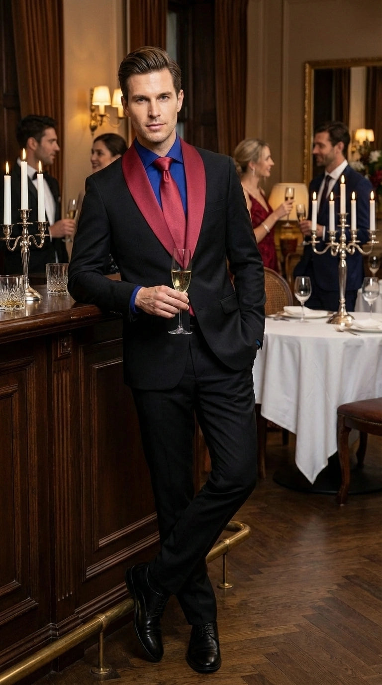 Men’s Black Suit with Burgundy Shawl Lapel –  Formal Tuxedo Suit for Wedding, Prom and Evening Events + Bowtie & Tie - 34 Short or Extra Small