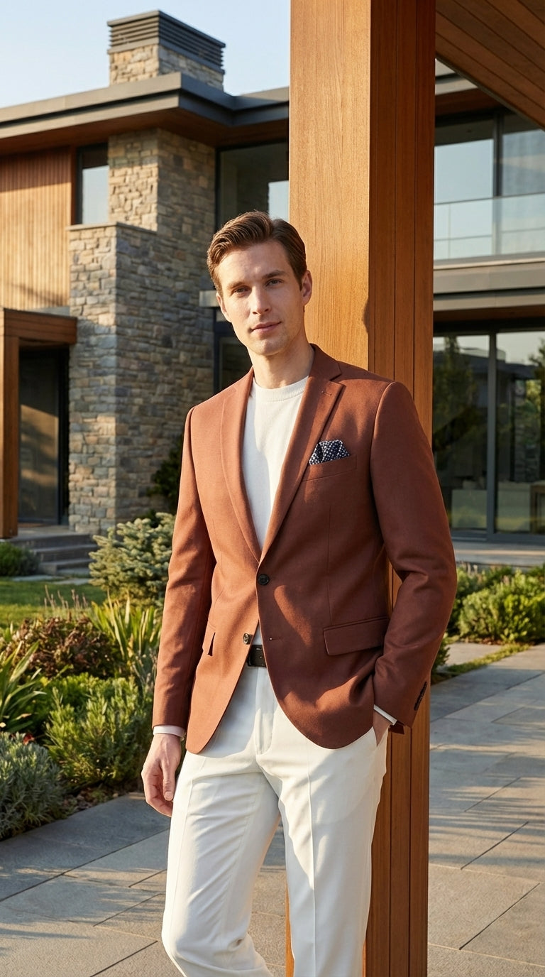 Mens Rustic Brown Light Burnt Orange Copper Blazer – Classic Fit Single Breasted Formal Casual Dress Jacket - 36 Short
