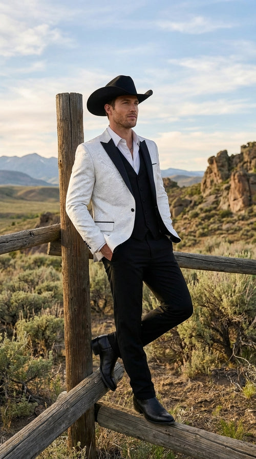 Mens White Paisley Cowboy Tuxedo with Black Satin Lapel – Western Formal Wedding Suit Jacket