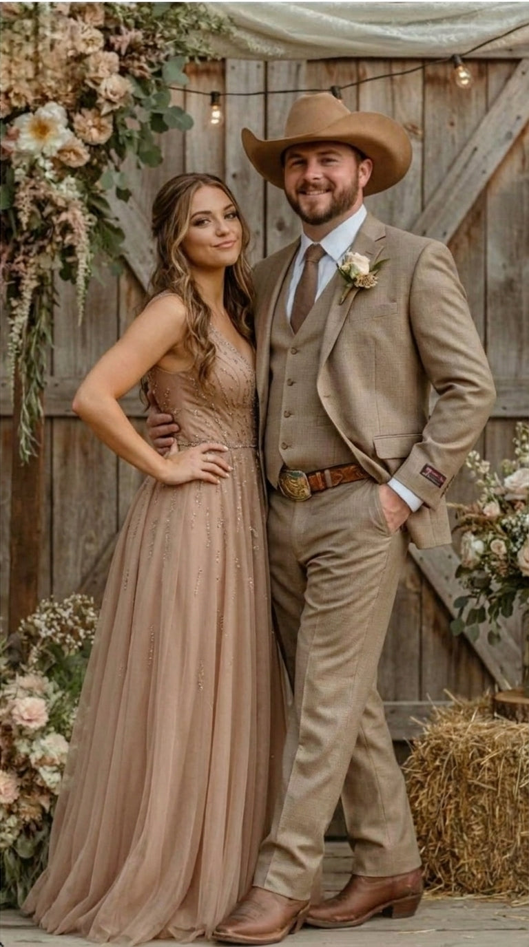 Mens Sharkskin Dark Taupe Tan with sheen Western 3 Piece Suit – Classic Country Style Blazer Vest Pants Set, Formal Cowboy Suit Outfit - 34 Short or Extra Small