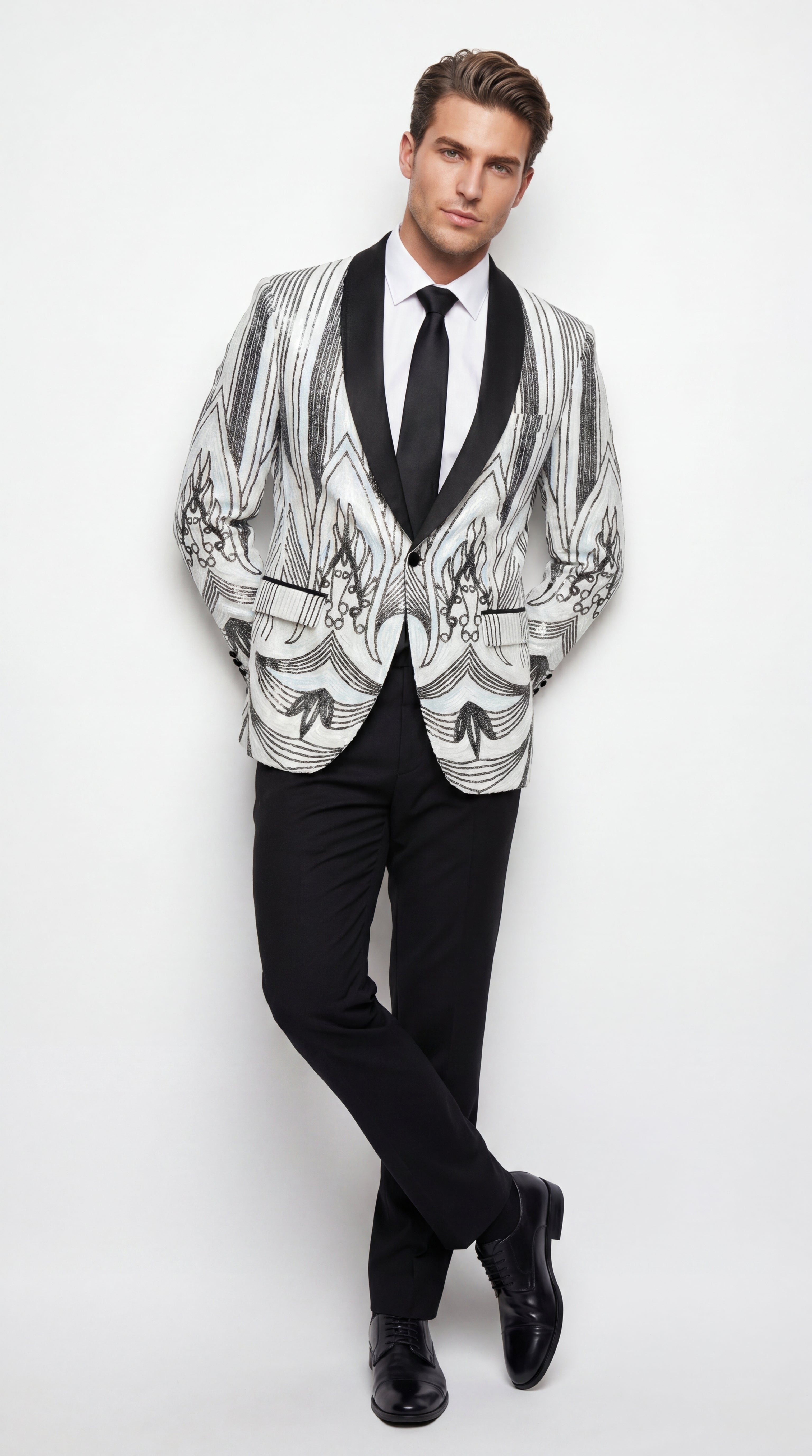 Men’s White and Black Patterned Tuxedo Blazer – Luxury Designer Dinner Jacket for Wedding, Prom and Formal Events New Year Christmas Holiday
