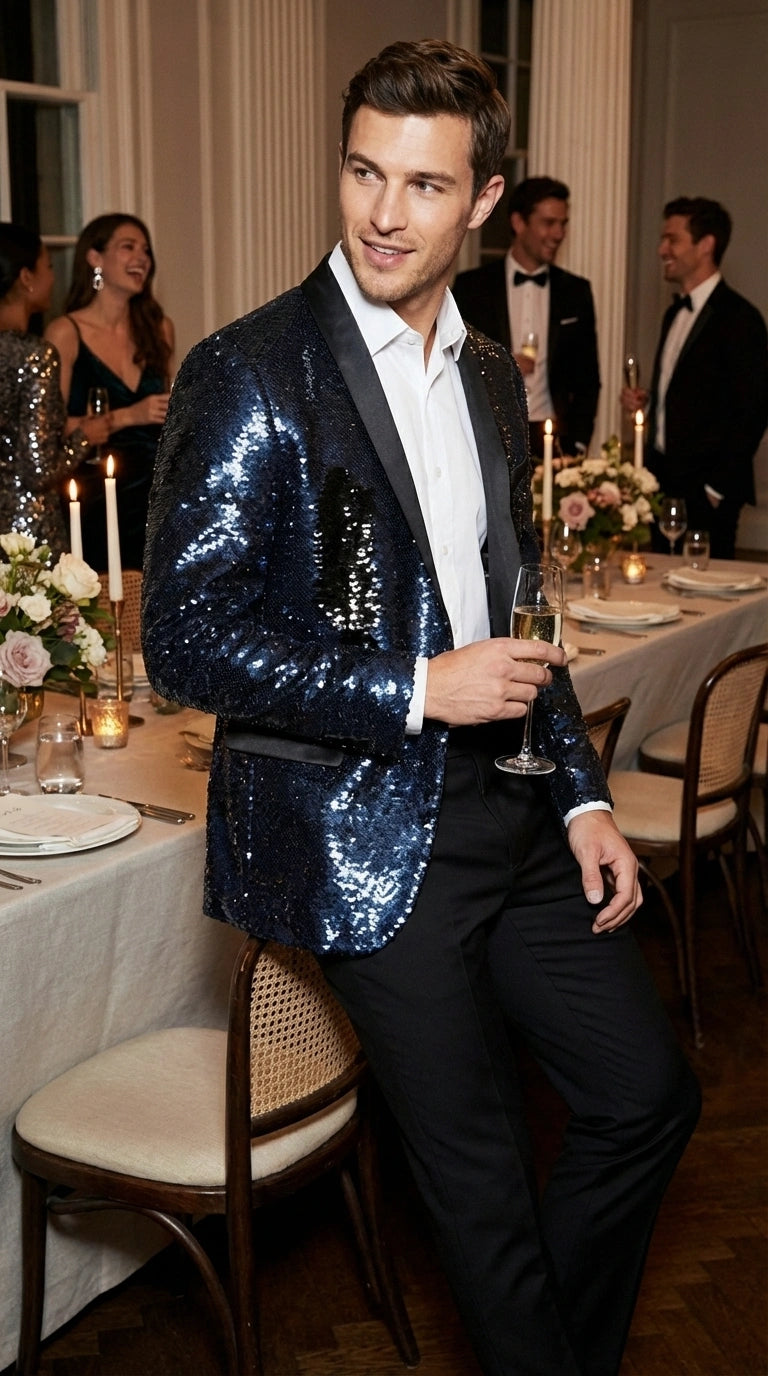 Men’s Navy Sequin Blazer – Navy Blue Sparkle Sequin Formal Blazer with Satin Lapel for Prom, Party and Evening Events - 36 Short
