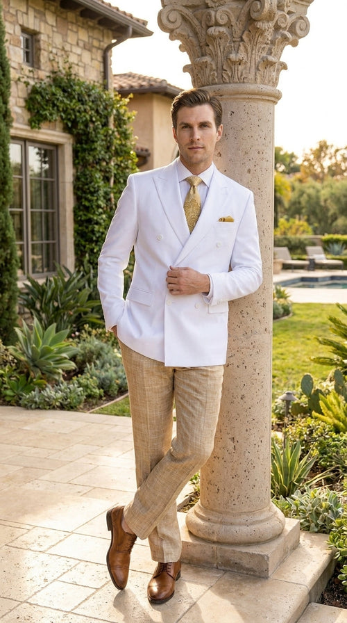 Men’s White Double Breasted Blazer, Formal Dress Jacket for Weddings, Prom, Parties, Dinner Events, and Special Occasions