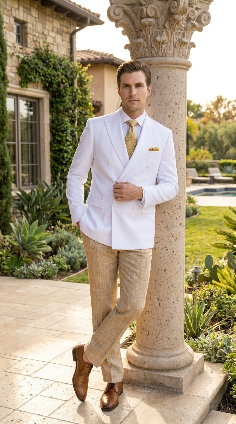 Men’s White Double Breasted Blazer, Formal Dress Jacket for Weddings, Prom, Parties, Dinner Events, and Special Occasions - 36 Short