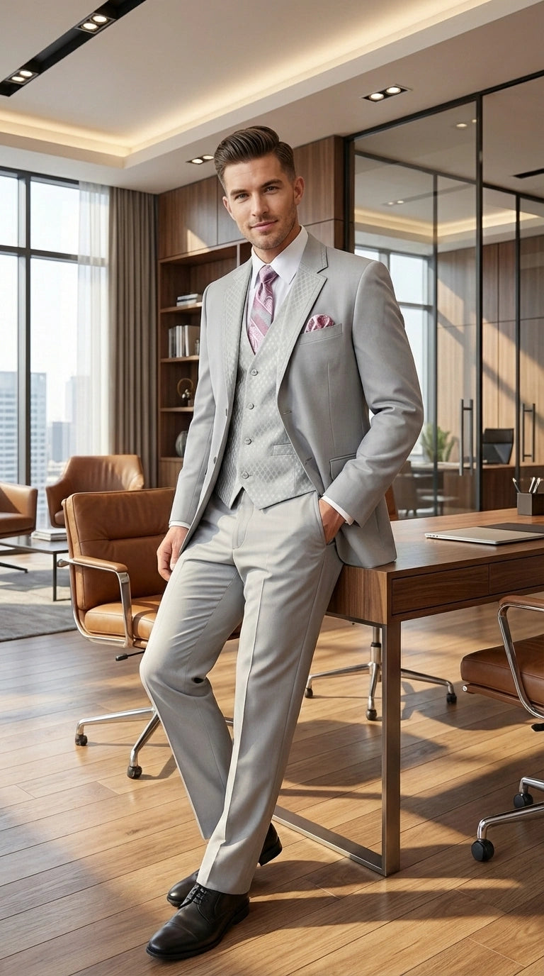 Men’s Light Gray 3 Piece Suit – Ice Silver Gray Formal Suit Set with Vest, Patterned Lapel and Tie for Wedding, Prom and Business Events - 34 Short or Extra Small