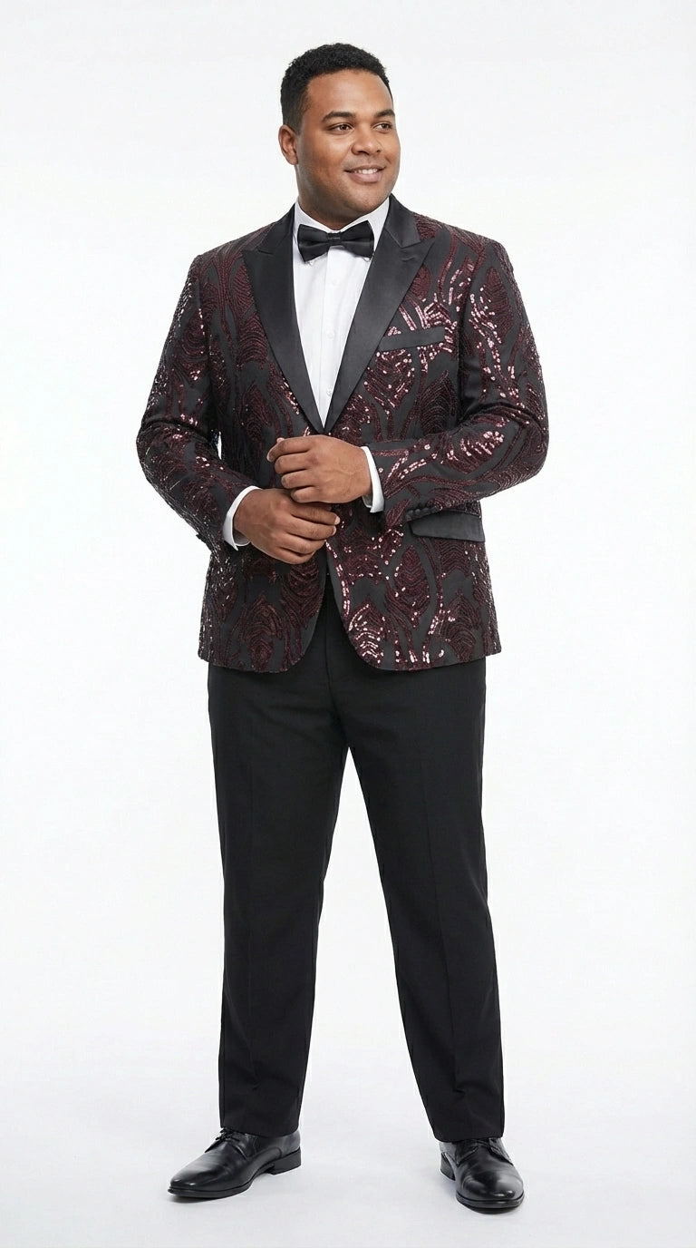Men’s Black and Burgundy Sequin Blazer – Black Sparkle Sequin Party Blazer with Burgundy Pattern for Prom, Wedding Slim Fitted - 36 Short