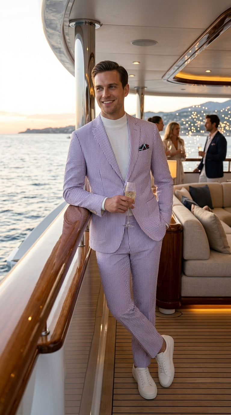 Men’s Lavender Seersucker 2 Piece Suit, Lightweight Summer Blazer and Pants Set for Weddings, Parties, Prom, and summer fabric - 34 Short or Extra Small