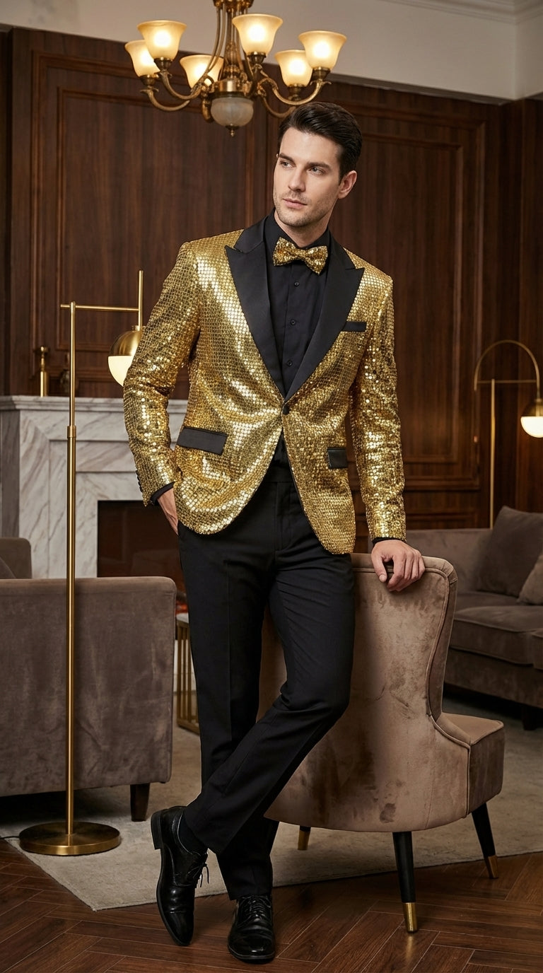 Mens Gold Sequin Blazer with Black Satin Lapel – Gold Formal Party Blazer Jacket for Prom, Wedding and Stage Events - 36 Short