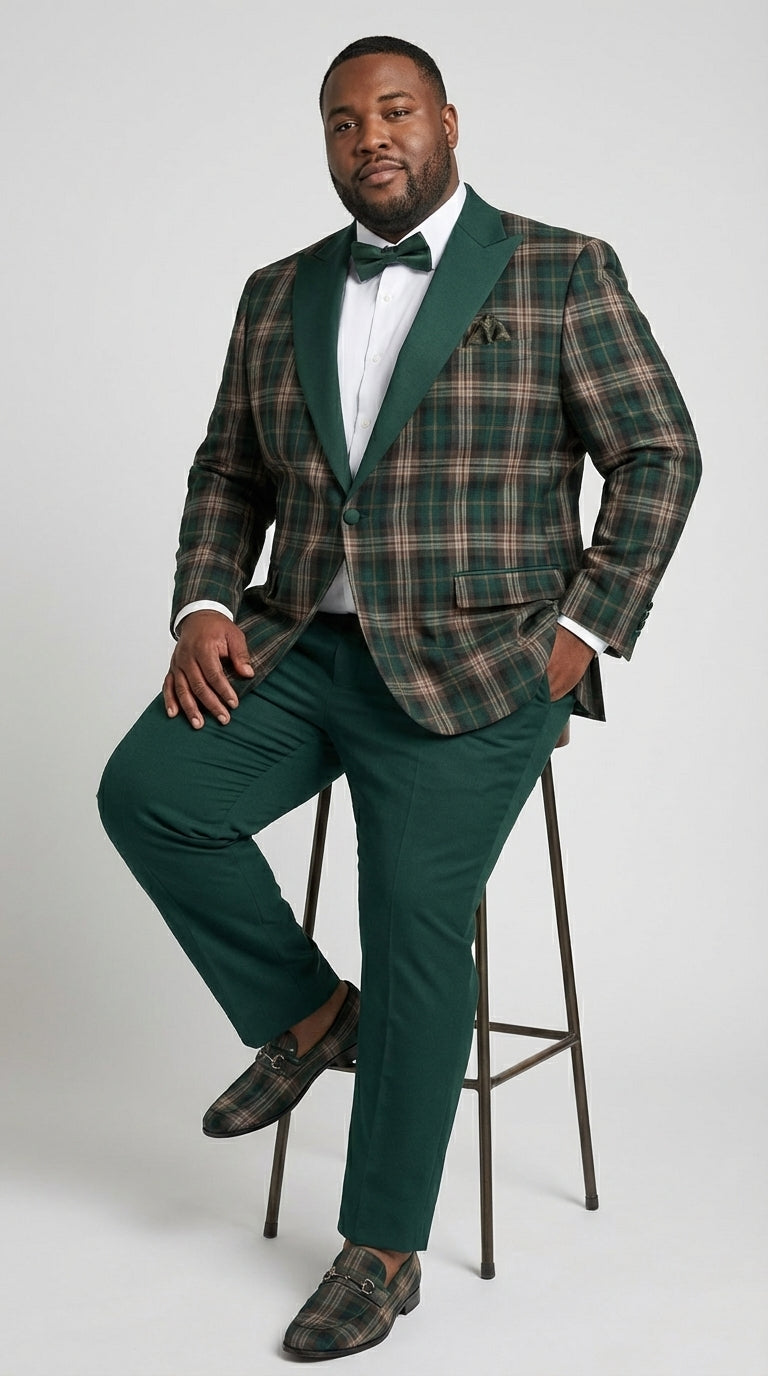 Mens Tartan Green and Brown Blue Plaid Tuxedo Dinner Jacket Set – Checkered Prom Blazer with Dark Green Pants Formal Wedding Party Wear - 36 Short